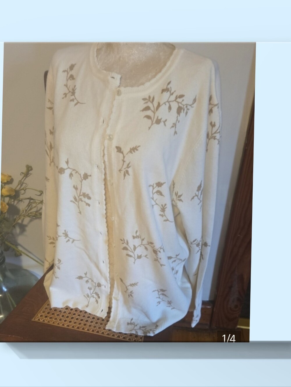 Sag Harbor Cream Cardigan with Gold Floral Motif Size Lg